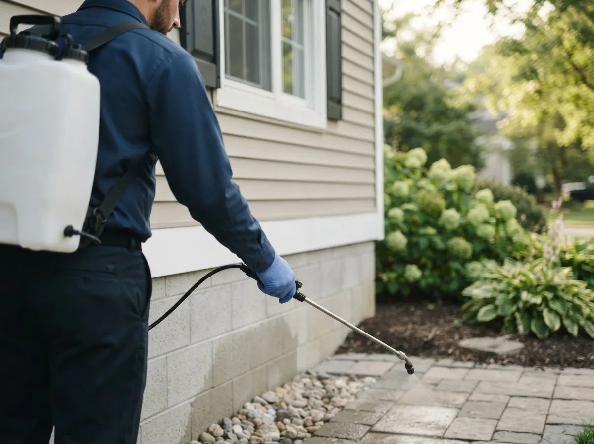 Pest control technician inspecting a home in Charlotte, MI